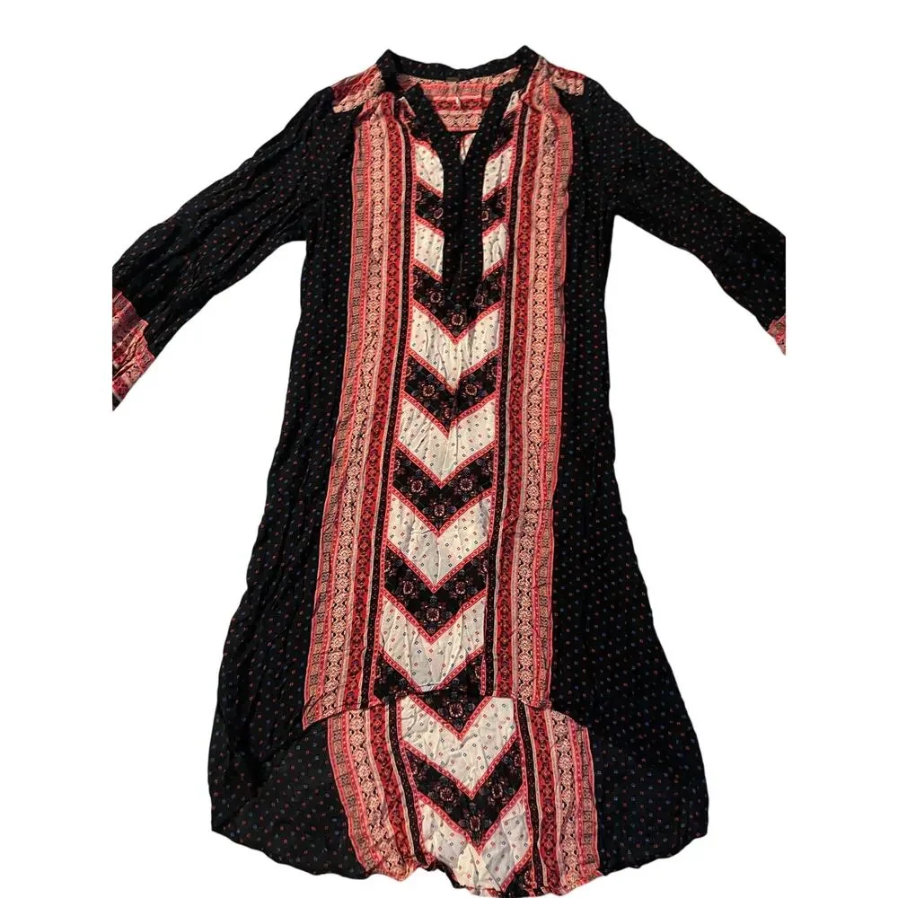 Free People Peacemaker Tunic Dress High Low Boho Tribal Black Combo Tassel small